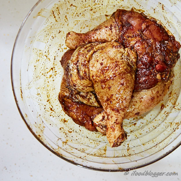 Chicken legs smothered with dry rub.