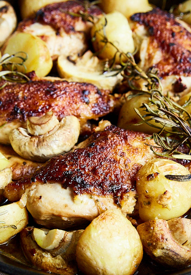 Oven Roasted Chicken Breast with Potatoes and Mushrooms... with garlic and rosemary... all cooked in one pan...including the crispy and super flavorful chicken!