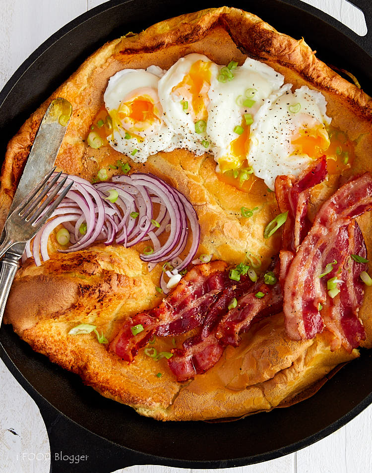 savory dutch baby with bacon and poached eggs