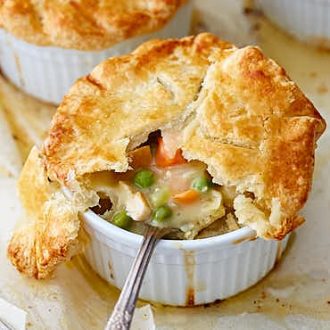 Close up of a chicken pot pie.