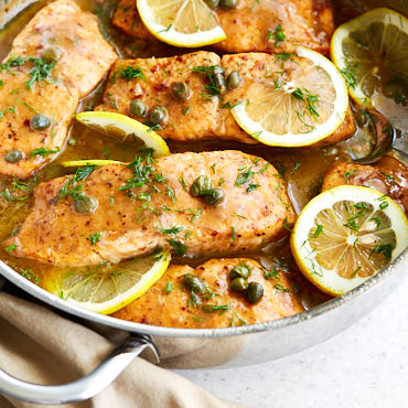 Salmon piccata is a seafood version of the popular chicken piccata, and is very easy and quick to make. Imagine all the same wonderful flavors, only the creamy tender, perfectly cooked salmon covered in thickened tart and buttery sauce. You can make this gourmet dish at home in less than 20 minutes or so.