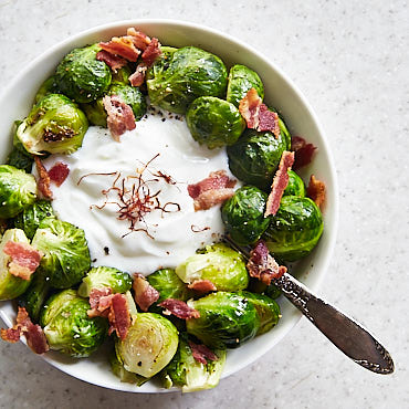 Roasted Brussels Sprouts with Greek Yogurt Dip, Bacon and Saffron