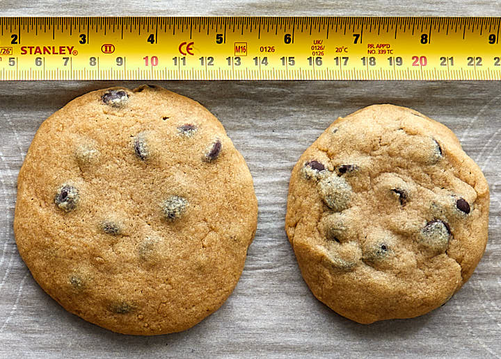 chocolate chip cookies - demonstration how different cookie shapes turn out after baking with specific measurements shown