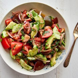 Italian inspired, this Tomato, Cucumber and Avocado Salad is made of only ripe and flavorful ingredients. This makes the salad incredibly flavorful and delicious. Make it a few hours before serving - it will only get better.