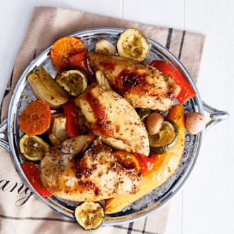 This roasted chicken breast and vegetables dish is an adaptation of Yotam Ottolenghi’s oven roasted chicken with clementines and arak. It's ‘citrusy’ and intensely flavored. In a very good way.