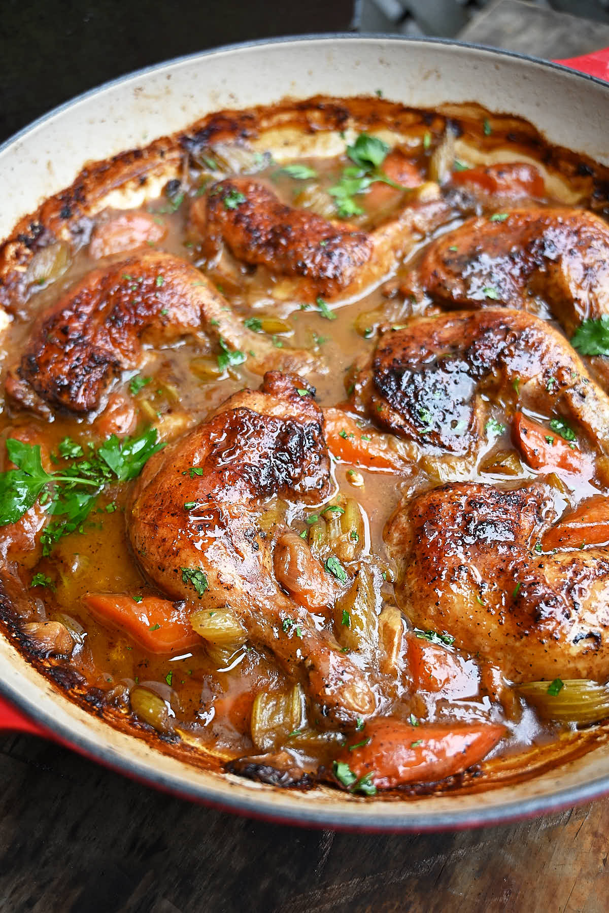 This Braised Chicken is fall-off-the-bone tender and exceptionally tasty. The ingredient list for this braised chicken is short and simple, while the flavors are deep and rich. The chicken is braised in gravy and there is not need to thicken the sauce later. | ifoodblogger.com