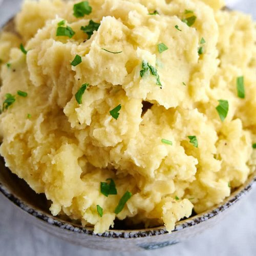 Garlic mashed potatoes in a bowl.