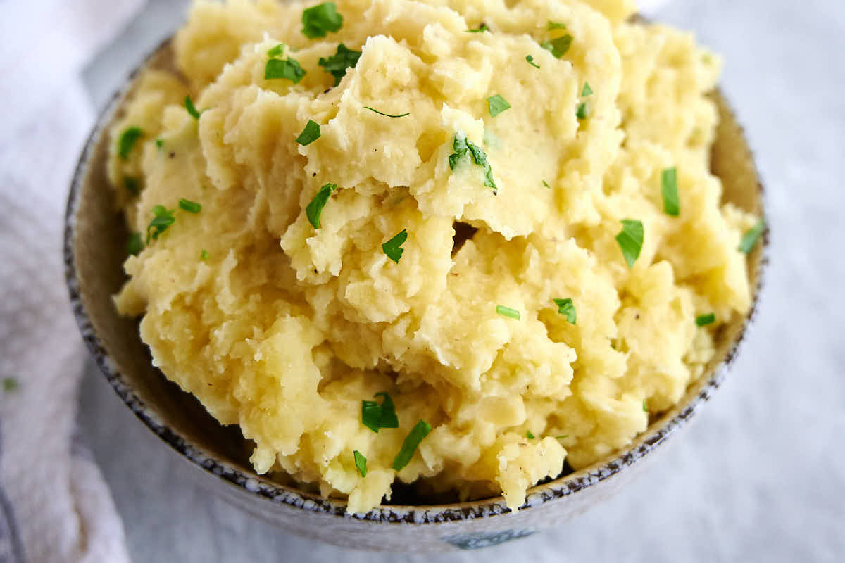 Garlic mashed potatoes in a bowl.