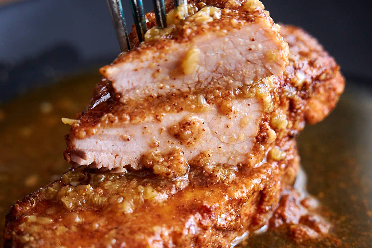 Close up of cut Instant Pot pork chops.